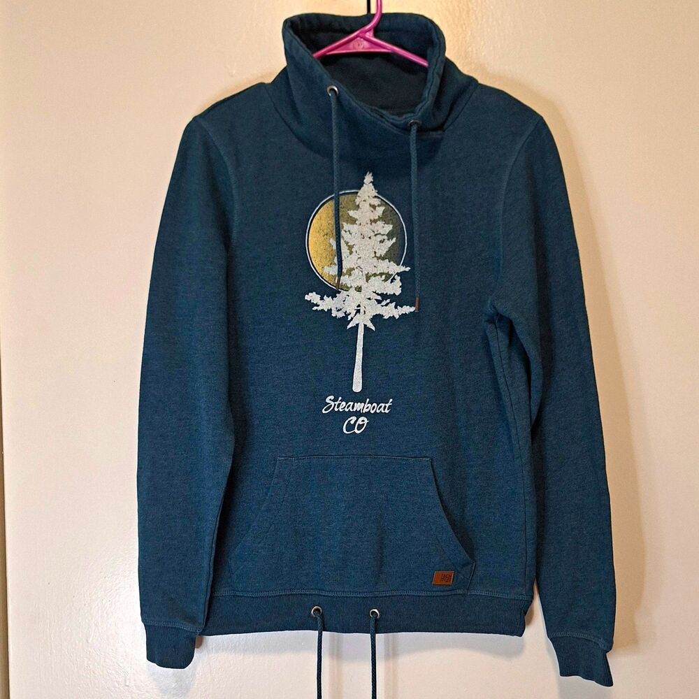 Tech Styles Funnel Neck Blue Steamboat CO Graphic Print Fleece Pullover Size M